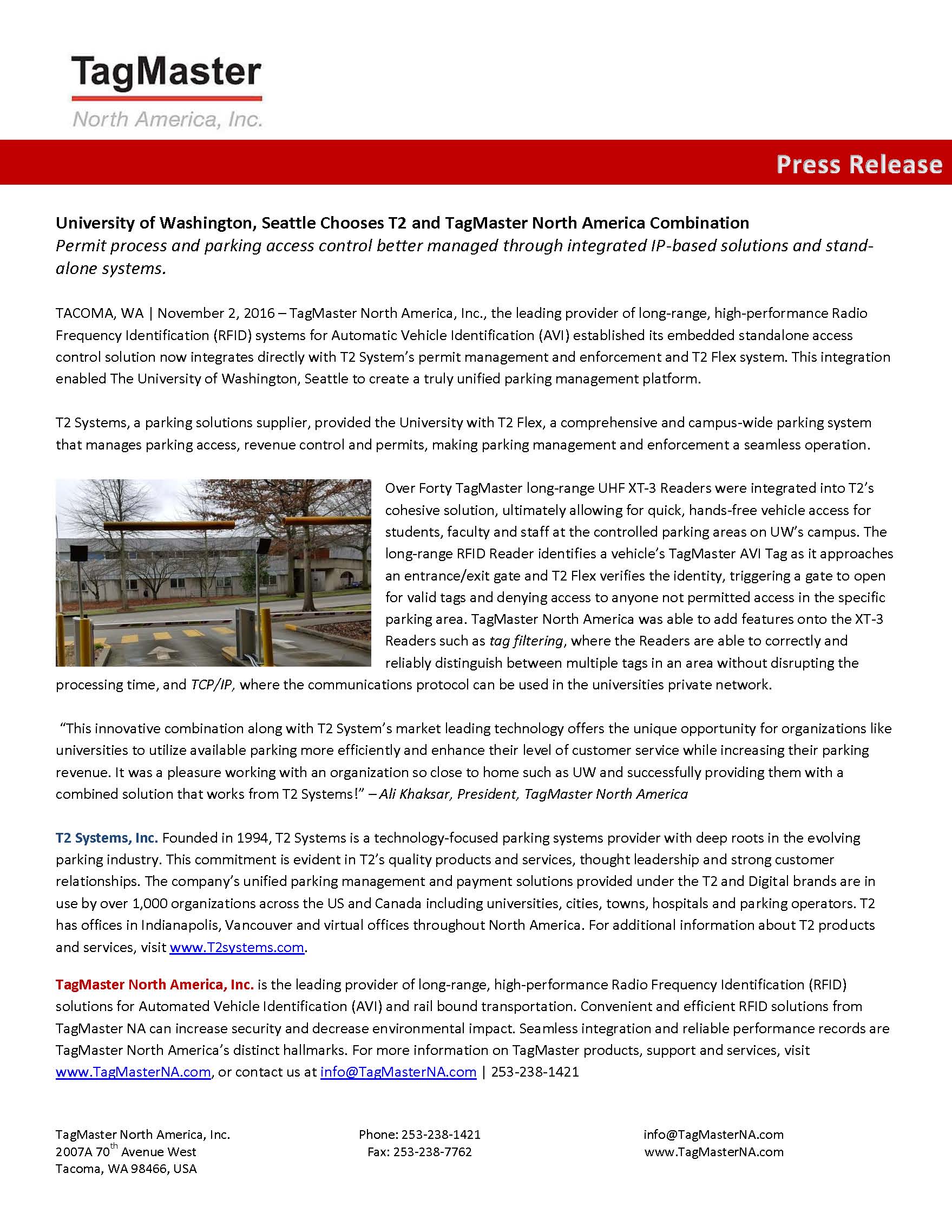 University of Washington, Seattle Choose T2 and TagMaster Combination ...